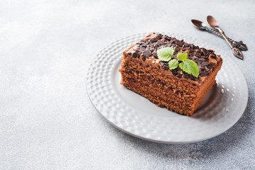 A piece of truffle cake with chocolate on a gray concrete background. Copy space