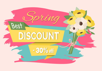 Sale, discount and best offer, label for springtime promotion and advertising, daisy bouquet. Advertisement decorated by flowers, greeting for ladies vector. Early spring and summer flower for wedding