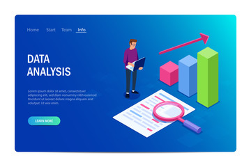 Data analysis with characters. Design or template web site .Can use for web banner, infographics, hero images. Flat isometric vector illustration.
