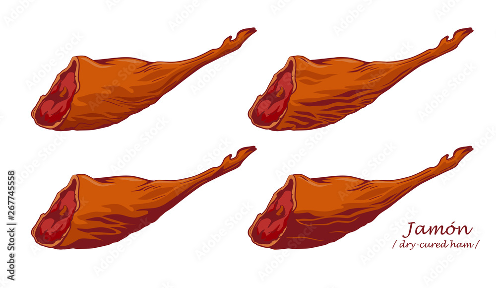 Wall mural gammon. jamon. dry-cured ham isolated on white background. pig leg. set of colored image with contou