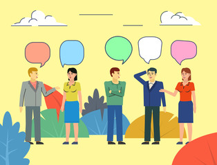 Communication, team brainstorm. People chatting, talking. Poster for social media, web page, banner, presentation. Flat design vector illustration