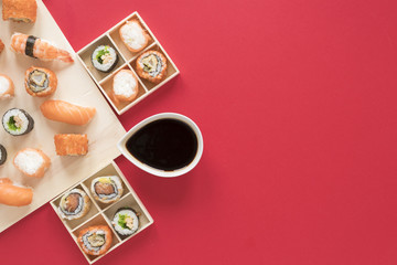 Flat lay sushi composition with copyspace