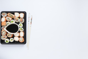 Flat lay sushi composition with copyspace