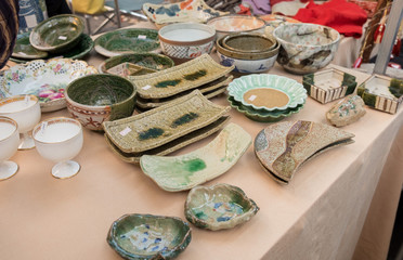 Vintage japanese ceramics for sale at flea market in Nagoya