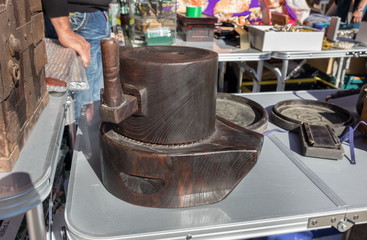 Vintage japanese wooden hand-mill for sale at flea market in Nagoya