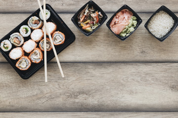 Flat lay sushi composition with copyspace
