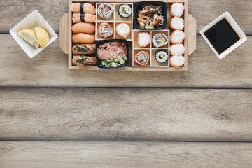 Flat lay sushi composition with copyspace