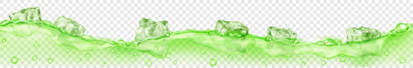 Horizontal banner with seamless wave. Translucent green ice cubes and many air bubbles floating in water on transparent background. Transparency only in vector format