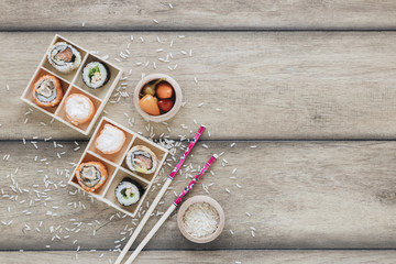 Flat lay sushi composition with copyspace