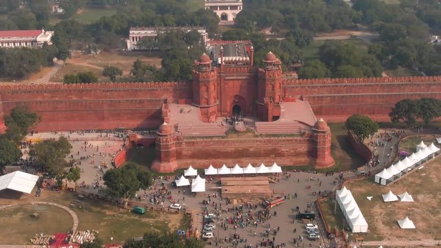 Red fort in Delhi, India, 4k aerial drone footage