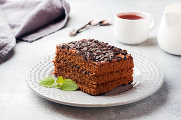 A piece of truffle cake with chocolate on a gray concrete background.