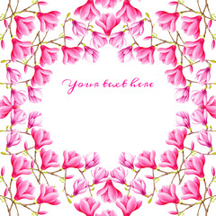 Fototapeta premium Watercolor pink magnolia flowers frame. Hand painted illustration isolated on white background