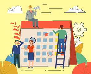 Work planning, schedule, time management concept. People stand near big calendar. Poster for web page, social media, banner, presentation. Flat design vector illustration