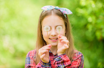 summer vacation. Rancho and country. dandelion. Spring holiday. Womens day. happy child hold blowball. Natural beauty. Childhood happiness. little girl and with taraxacum flower. summer day