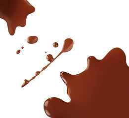 Liquid chocolate Splashes and blots.  Melted chocolate or cocoa flowing drops isolated on white background, flat lay.