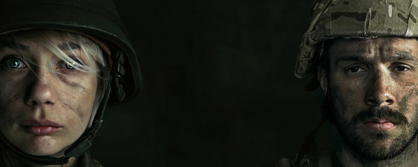 Portrait of young male and female soldier. Man and woman in military uniform on the war. Depressed and having problems with mental health and emotions, PTSD, rehabilitation. Creative collage.