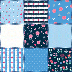 Spring patchwork background with different flowers patterns for textile, gift wrap and scrapbook. Vector illustration.