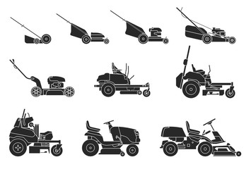 Various types of lawn mowers isolated on white background. Mowed grass. Vector illustration of gardening grass-cutter. - obrazy, fototapety, plakaty