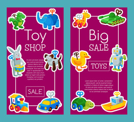 Vintage retro clockwork toy robot baby shop concept vector illustration. Antique key machine robotic childhood plaything mechanism. Robotic cute movement. Sale banner or poster