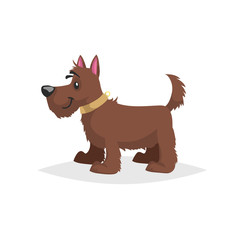 Cute fur cartoon brown dog stand. Pet animal. Flat with simple gradient illustration. Farm animal. Vector drawing isolated on white background.