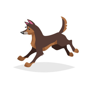 Cute cartoon brown dog running. Pet animal jumping. Flat with simple gradient illustration. Farm sheepdog. Vector drawing isolated on white background.