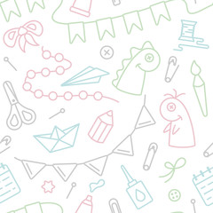 Seamless pattern with elements for kids creative activity in linear style. Suitable for wallpaper, wrapping or textile