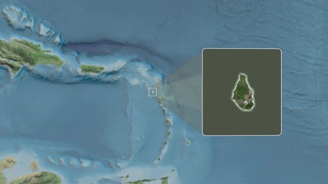 Montserrat area bounds outlined on the end cap of rectangular tube and animated against the spinning satellite globe. Animation 3D