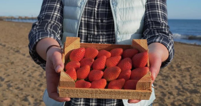 Female hands holding wooden box full of ripe straberry