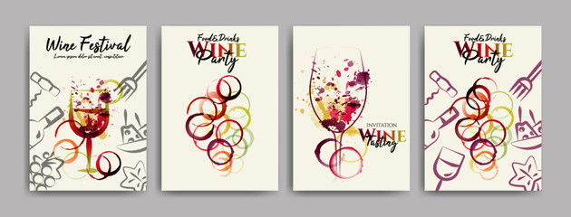 collection of templates with designs for wine, wine and food events. Flyers, posters, invitation cards, banners, menus. Wine stains background. Idea with wine glasses stains and food symbols. Vector