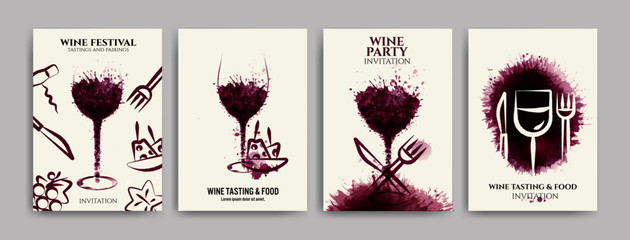 Collection of templates with wine designs, illustration of wine glasses with spots and food symbols. Brochures, posters, invitations, promotional banners, menus. Vector illustration