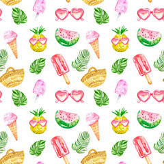 Watercolour summer pattern with fresh fruits, ice cream, sunglasses, posicles and tropical leaves on white background.