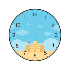 Summer Printable Clock Face Template with Sand Castle Isolated on White Background