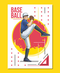 Baseball poster, placard. Vector illustration of a baseball player ready to throw ball. Beautiful sport themed poster. Abstract background, summer sports, team game