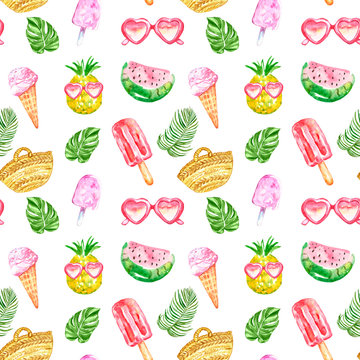 Watercolour summer pattern with fresh fruits, ice cream, sunglasses, posicles and tropical leaves on white background.