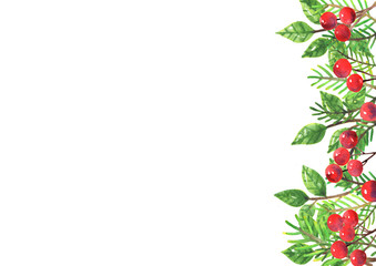 Fototapeta premium Abstract Christmas leaves and red berries watercolor hand painting for decoration on Christmas holiday festival.