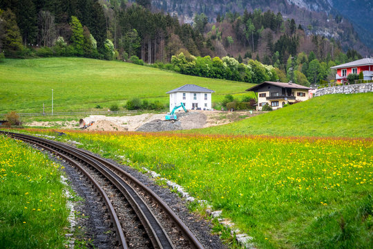 narrow gauge  Alps mountain tourist train track landscape image