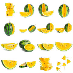 Flat lay composition with slices and seeds of watermelon on color background