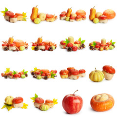 Banner of autumn yellow, orange and red  vegetables and fruits isolated on white background, top view, flat layout. Creative pattern