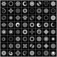 Design elements set. 64 abstract white icons on black background.