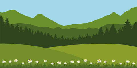 green summer meadow landscape with daisy flowers and mountain view vector illustration EPS10