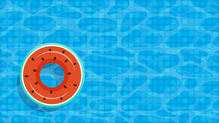floats summer pool party invitation template vector illustration. summer time background with pool blue water and swimming ring watermelon . rubber ring floating on water. aqua textured background