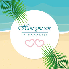 Fototapeta na wymiar honeymoon in paradise design on the beach with palm leaf vector illustration EPS10