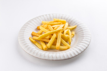 French fries on white plate isolated on white background