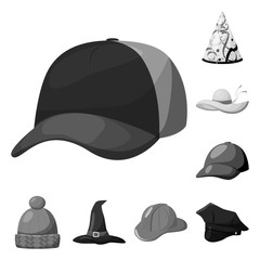Vector design of hat and helmet symbol. Set of hat and profession stock symbol for web.