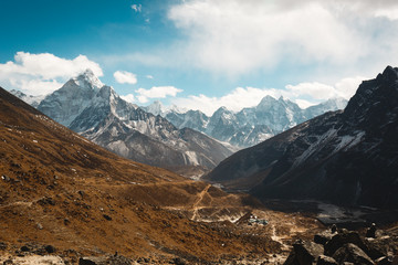 Everest trekking. View of the Himalayan valley. Area of the memorial. Nepal.