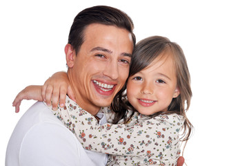 Portrait of happy father and daughter hugging isolated