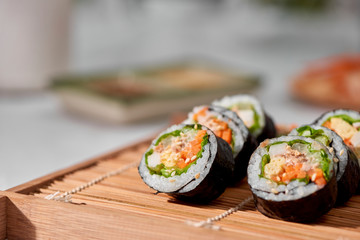 Korean roll Gimbap(kimbob) made from steamed white rice (bap) and various other ingredients