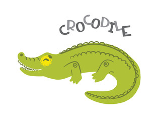 Crocodile cartoon character with lettering. Illustration isolated on white background. Concept for poster, card, logo, web, kids print, textile. Vector