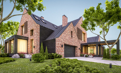 3d rendering of modern cozy clinker house on the ponds with garage and pool for sale or rent with beautiful landscaping on background. Clear summer evening with cozy light from window