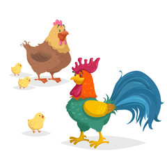 Cute cartoon chicken family. Rooster. hen and little chicken. Farm animals set. Vecttor illustration isolated on white background.